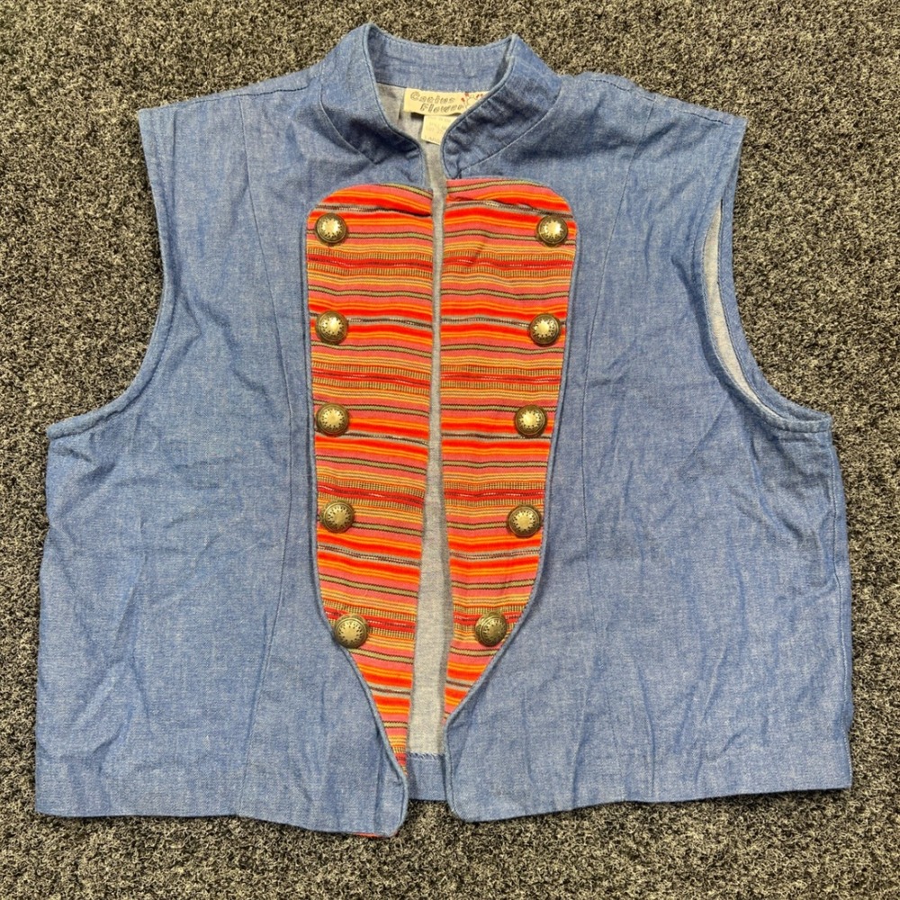 90's Cactus Flower Vintage Southwestern Denim Vest Striped Concho Button Large
